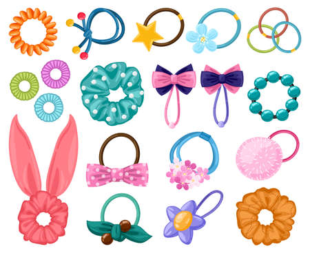 Hair rubber bands. Cartoon scrunchies, girlish beauty fashion hair accessories, elastic ponytails bands. Women hairdressing tools vector illustration setのイラスト素材