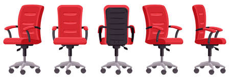 Cartoon office chair. Computer chair in different angles, ergonomic office furniture element isolated vector illustration. Modern interior chairのイラスト素材