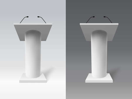 White realistic tribune. Speech 3d debate tribune, public presentation speech tribune vector illustration set. Speaker podium mockupsのイラスト素材