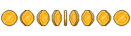 Pixel art coin animation. Game ui golden coins rotation stages, pixel game money animated frames vector illustration. Gold 8 bit coins animationのイラスト素材