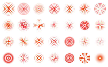 Red pain circles. Pain localisation circle, medical pain sonar waves vector illustration set. Pain red pointinsのイラスト素材