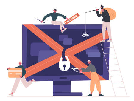 Cyber criminals and hackers. Internet criminals, crackers and robbers attacking computer isolated...