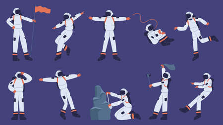 Astronaut character. Cartoon spaceman wearing spacesuit in outer space explore cosmos vector illustration set. Space explorer characterのイラスト素材