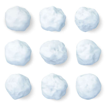 Realistic snowballs. Winter frozen snow ball, christmas snowy decorations or kids winter snowballs game elements vector illustration set. White 3d snowballsのイラスト素材