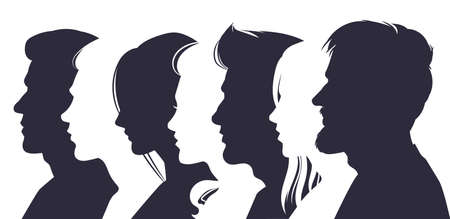 Male and female profile faces silhouettes, human faces overlay images conceptのイラスト素材