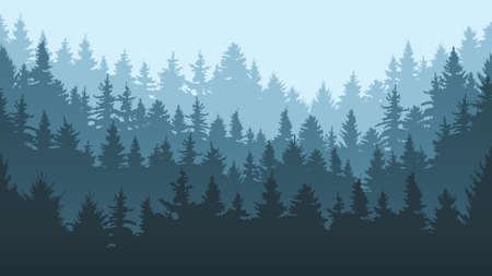 Pine forest landscape. Evergreen spruce tree park view, coniferous forest landscape vector background illustration. Nature evergreen woods panoramaのイラスト素材