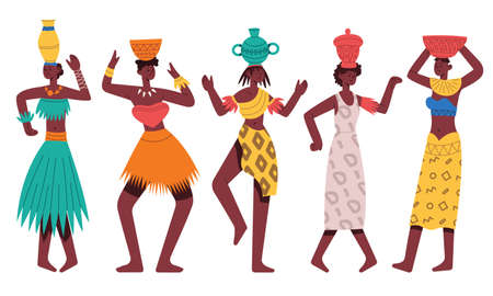Dancing African aboriginal women. Female African characters dancing tribal dance isolated cartoon vector illustration. African black tribal women dancersのイラスト素材