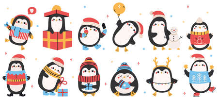 Cute holiday penguins. Christmas hand drawn penguins, xmas holiday winter penguin characters isolated vector illustration set. Funny holidays penguinsのイラスト素材
