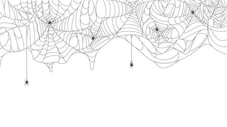 Halloween cobweb background. Spooky halloween torn hanging spider web with black spiders vector background illustration. Scary spider web silhouetteのイラスト素材