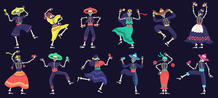 Dia de los muertos skeletons. Day of dead dancing skeletons party, mexican festival skeleton mascots vector illustration set. Dancing halloween holiday skeletonsのイラスト素材