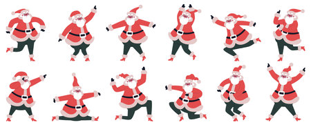Dancing Santa Claus. Funny cartoon Santa Claus dancing and jumping characters vector illustration set. Cute dancing Santa mascotのイラスト素材