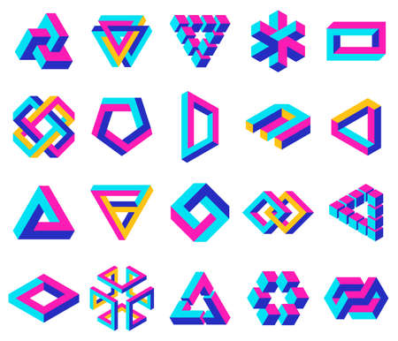 Geometric impossible shapes. Paradox triangle, square and circular figures, optical illusion vector symbols set. Impossible unexpanded shapesのイラスト素材