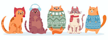 Cute cats in sweater. Happy fat kittens for new year and christmas vector banner. Xmas domestic kitty in scarfのイラスト素材