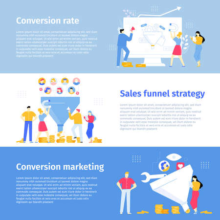 Conversion rate, e-commerce site attraction new clients. Customers buying new products vector bannersのイラスト素材