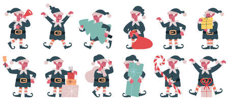 Christmas elf characters. Xmas Santa Claus little helpers, cute Christmas elves mascots vector...