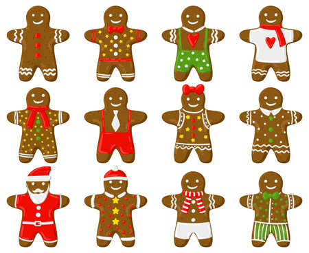 Holiday gingerbread man. Christmas traditional treats, delish gingerbread man cookies cartoon vector illustration set. Xmas gingerbread man biscuitsのイラスト素材