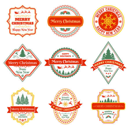 Christmas labels. Vintage xmas winter holiday badges with reindeer, fir tree and snowflakes vector symbols set. Happy New Year and Christmas stampsのイラスト素材