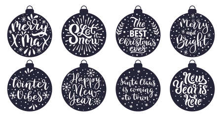 Christmas tree balls lettering. Merry Christmas and Happy New Year winter holidays greeting quotes vector illustration set. Xmas decorations letteringのイラスト素材