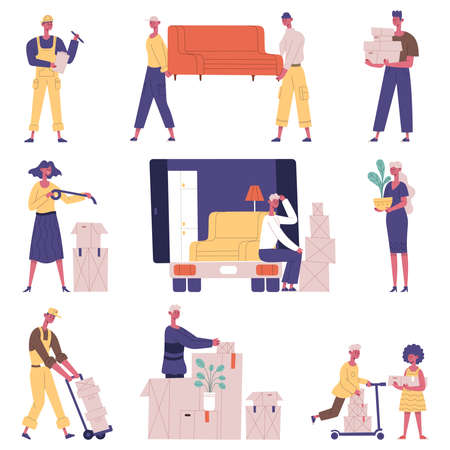 Moving relocation people. Relocation delivery service characters, people carrying furniture and cardboard boxes vector illustration set. Moving out new houseのイラスト素材