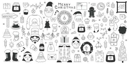 Christmas doodle elements. Winter holidays hand drawn Santa, snowflakes, gifts and snowman vector illustration set. Cute Christmas doodle symbolsのイラスト素材