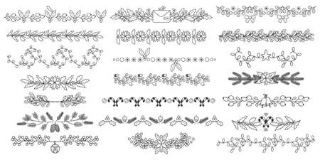 Christmas doodle dividers. Xmas holidays floral borders, ornamental flowers, leaves and berries dividers vector illustration set. Xmas floral separatorsのイラスト素材