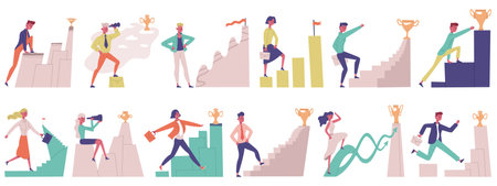 Business people goal movement. Goal achieve male and female successful professional characters vector illustration set. Career goal achievementsのイラスト素材