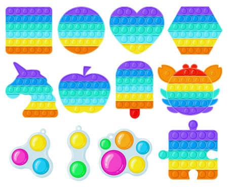 Antistress and simple dimple toys. Trendy fidget children toys, sensory and color learning for kids vector illustration set. Silicone bubbles toysのイラスト素材
