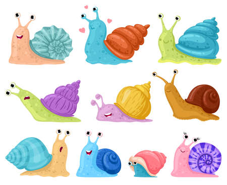 Cartoon snail. Garden snails mascots, cute little gastropods in colourful snail shells cartoon vector illustration set. Cute mollusk charactersのイラスト素材