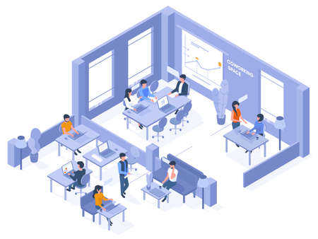 Coworking isometric office. Freelancer coworkers in open office space, 3d business coworking space vector illustration. Creative isometric officeのイラスト素材