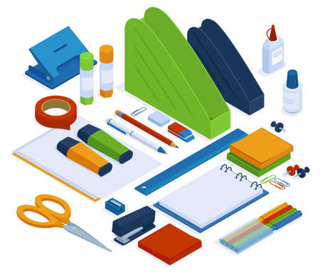 Office supplies. Isometric stationery tools, stapler, ruler, scissors and duct tape, 3d school or office stationery vector illustration set. Isometric office toolsのイラスト素材