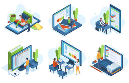 Isometric people online education. Distance learning, 3d characters learn online on computer screens vector illustration set. Online education isometric scenesのイラスト素材