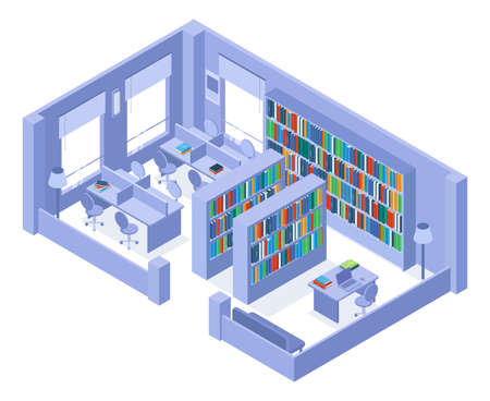 School or university isometric library bookshelves and bookcases interior. College library with books and bookcases vector illustration. Isometric libraryのイラスト素材