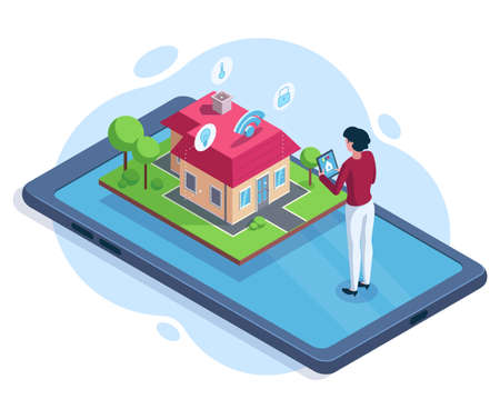 Isometric smart house security workspace technology concept. Smart house controlled via gadget app vector illustration. Smart house safety systemのイラスト素材