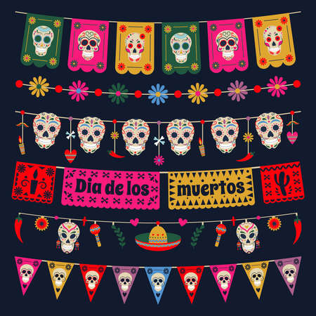 Dia de los muertos bunting flags. Mexican dead day bunting decoration, sugar skulls and flowers bunting vector illustration set. Dead day holiday garlandsのイラスト素材