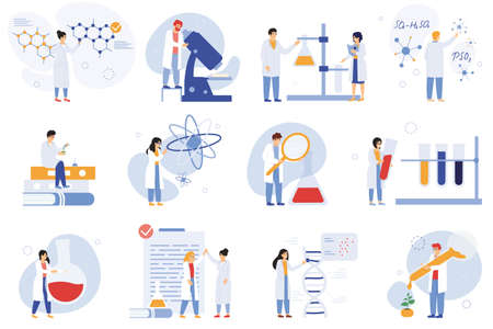 Scientist characters. Chemical researchers, biologists or laboratory workers, science medical workers vector illustration set. Research scientist charactersのイラスト素材