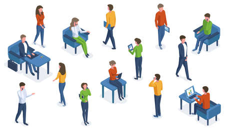 Isometric people with gadgets. Office characters working with smartphones, laptops and tablets vector illustration set. Business people and gadgetsのイラスト素材