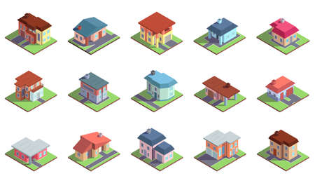 Modern isometric suburban country residential cottage buildings. Private property, townhouses buildings vector illustration set. Country comfortable housesのイラスト素材