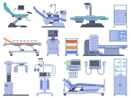 Healthcare hospital clinic medical diagnostic equipment devices set. Medical checkup MRI scanner, dentist chair vector illustration set. Healthcare diagnostics equipmentのイラスト素材