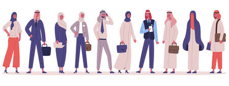 Arabic muslim stylish business people group standing together. Male and female business office characters in traditional clothes vector illustration set. Arabian business teamのイラスト素材