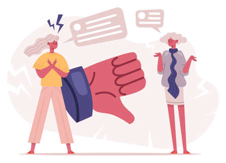 Negative response thumbs down dislike concept. Social media bad review, haters dislike feedback vector illustration set. Finger down negative response conceptのイラスト素材