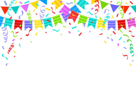 Birthday bunting flags, ribbons and confetti festive background. Cartoon holiday party celebration decorations vector illustration. Birthday party flagsのイラスト素材