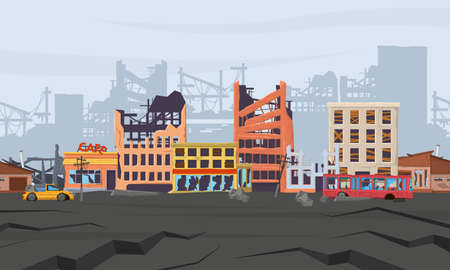 Ruined abandoned broken natural disasters district panorama. Earthquake disaster destroyed houses and city buildings vector illustration. Cataclysm destroyed street viewのイラスト素材
