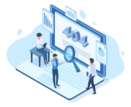 Isometric error lost 404 page network user people concept. Lost network website page, error not available webpage vector illustration. Not found 404 internet pageのイラスト素材