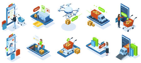 Isometric online shopping, e-shop purchasing payment. Online shops marketplace customers, e-shop...