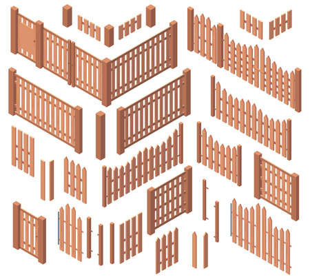 Isometric wooden garden farm rough fences. Courtyard wooden boards gates fencing, wooden 3d palisade fences vector illustration set. Farm wooden fencingのイラスト素材