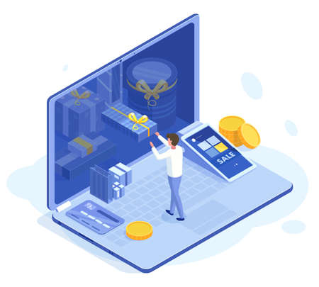 Isometric clients bonus loyalty 3d store program. Online store customer loyalty reward program vector illustration. Shop client loyalty purchase bonusesのイラスト素材