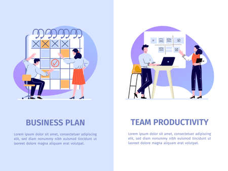 Office work productivity vector banner. Team and task management with employees. Cooperation and presentationのイラスト素材