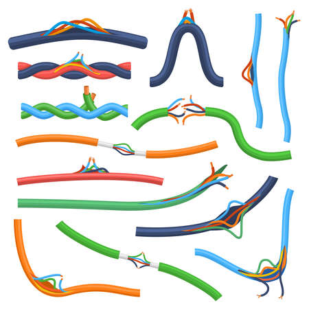 Damaged broken short circuit electrical cable wires. Electrical disconnect cable, broken flexible electrical cables vector illustration set. Broken wire cablesのイラスト素材