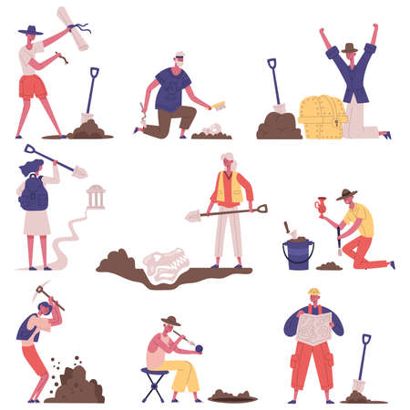 Historical artefacts archaeology excavation archaeologists characters workflow. Archaeology treasure researching vector illustration set. Archaeologists at workのイラスト素材