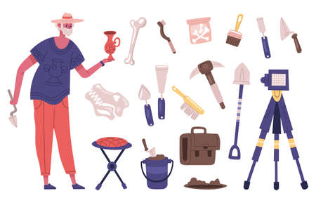 Archaeology explorer character with archaeology dig equipment and artefacts. Male archaeologist at work vector illustration. Archaeology excavation toolsのイラスト素材